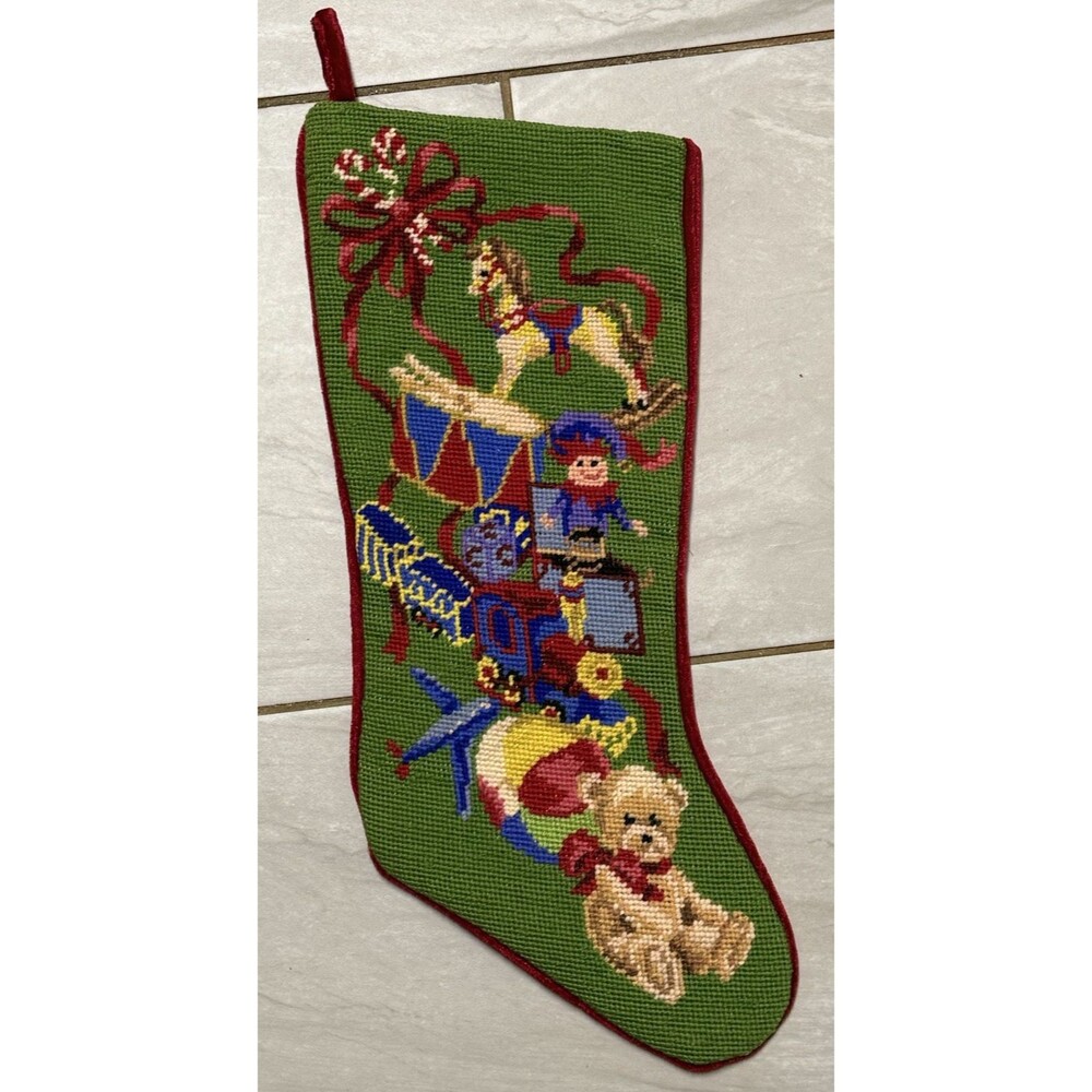 Needlepoint Christmas Stocking Velvet Back Lined Toys Bear Horse Train